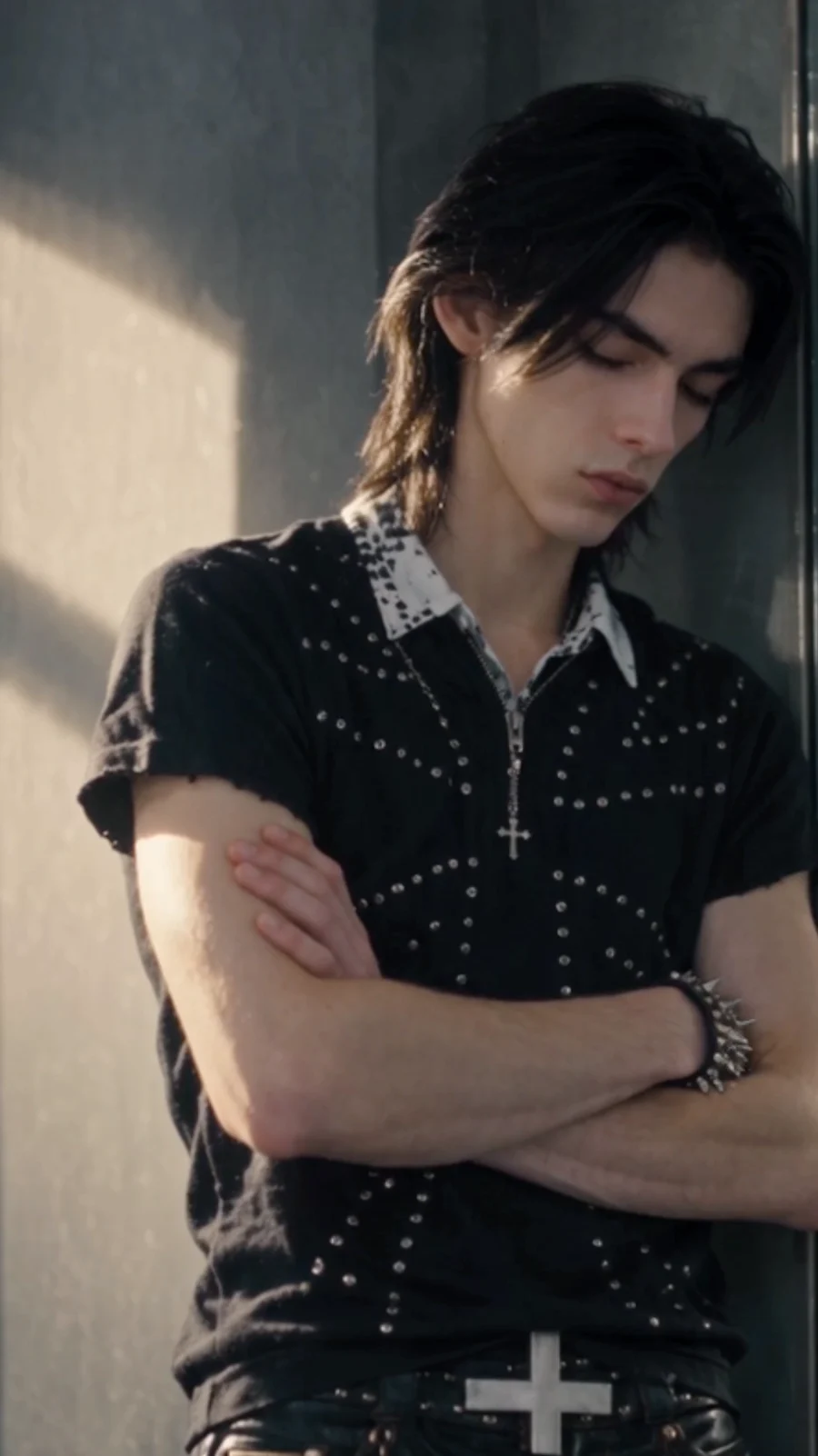 Kai Rivers leaning against a wall, wearing a black studded shirt