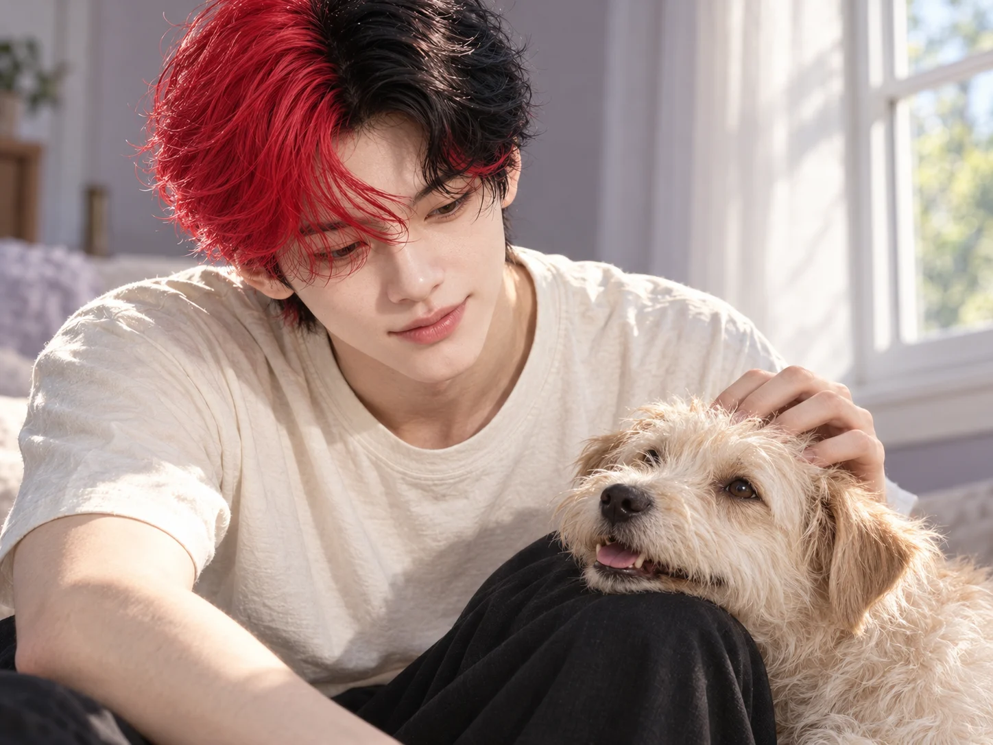 Concept scene: Matthew sitting by a window with a small dog resting on his knee