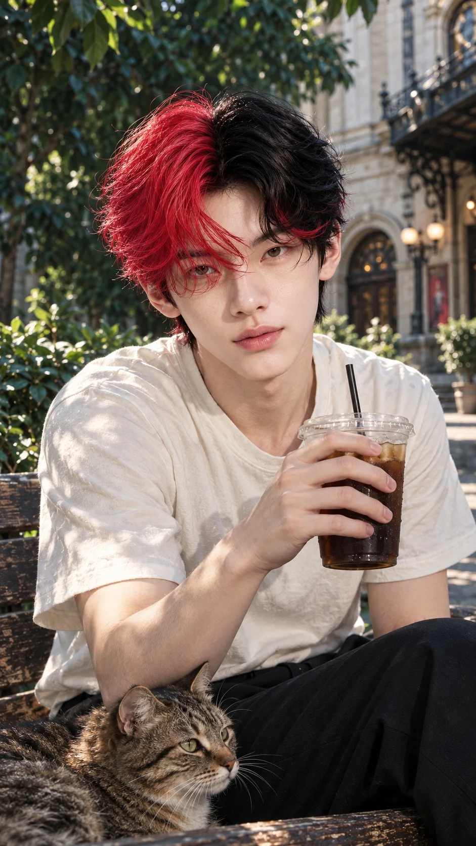 Matthew with red-and-black hair, enjoying a quiet afternoon outside